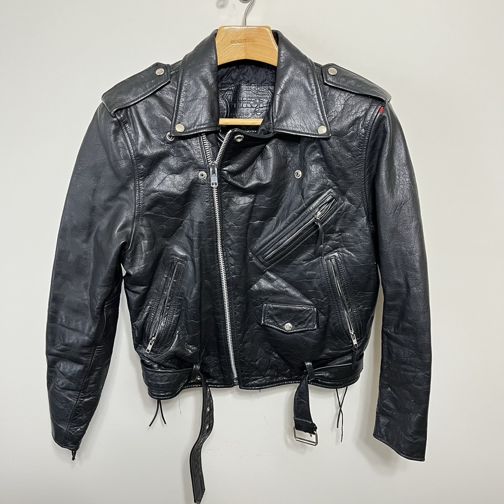 Vintage First Genuine Leather Jacket Motorcycle Black Biker Moto Ramones Men's L